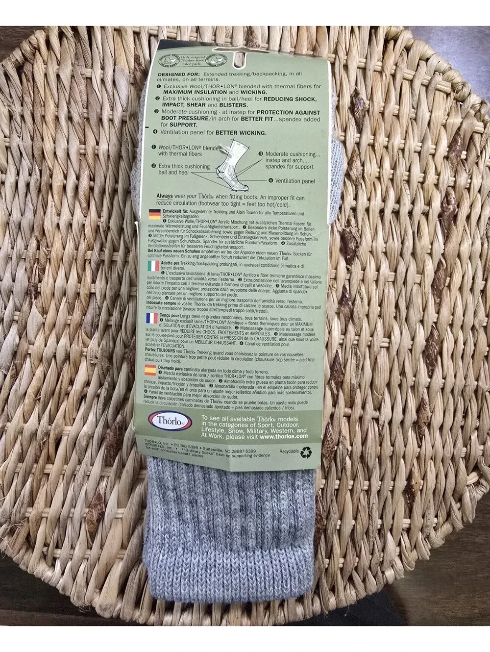NIP Thorlos Mens Large Walking Trekking Hiking Socks Thorlon Grey Gray 1 Pair